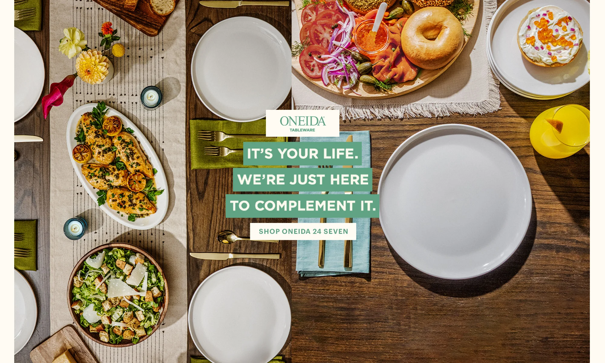 Dining table with plates, food, and Oneida dinnerware advertisement.