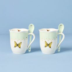 Lenox Fine Lenox Fine Butterfly Meadow Green Mugs with Spoons, Set of 2