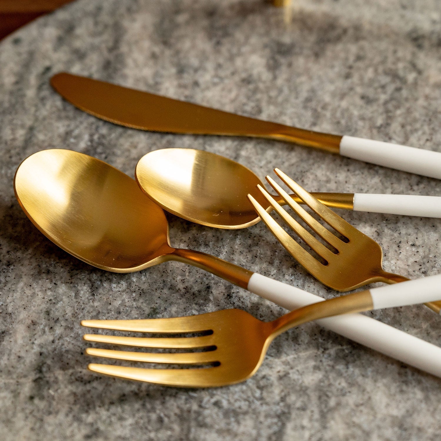 Lenox Fine Lenox Fine Mazzy Gold Satin White Pom Handle 20-Piece Flatware Set - Image 4