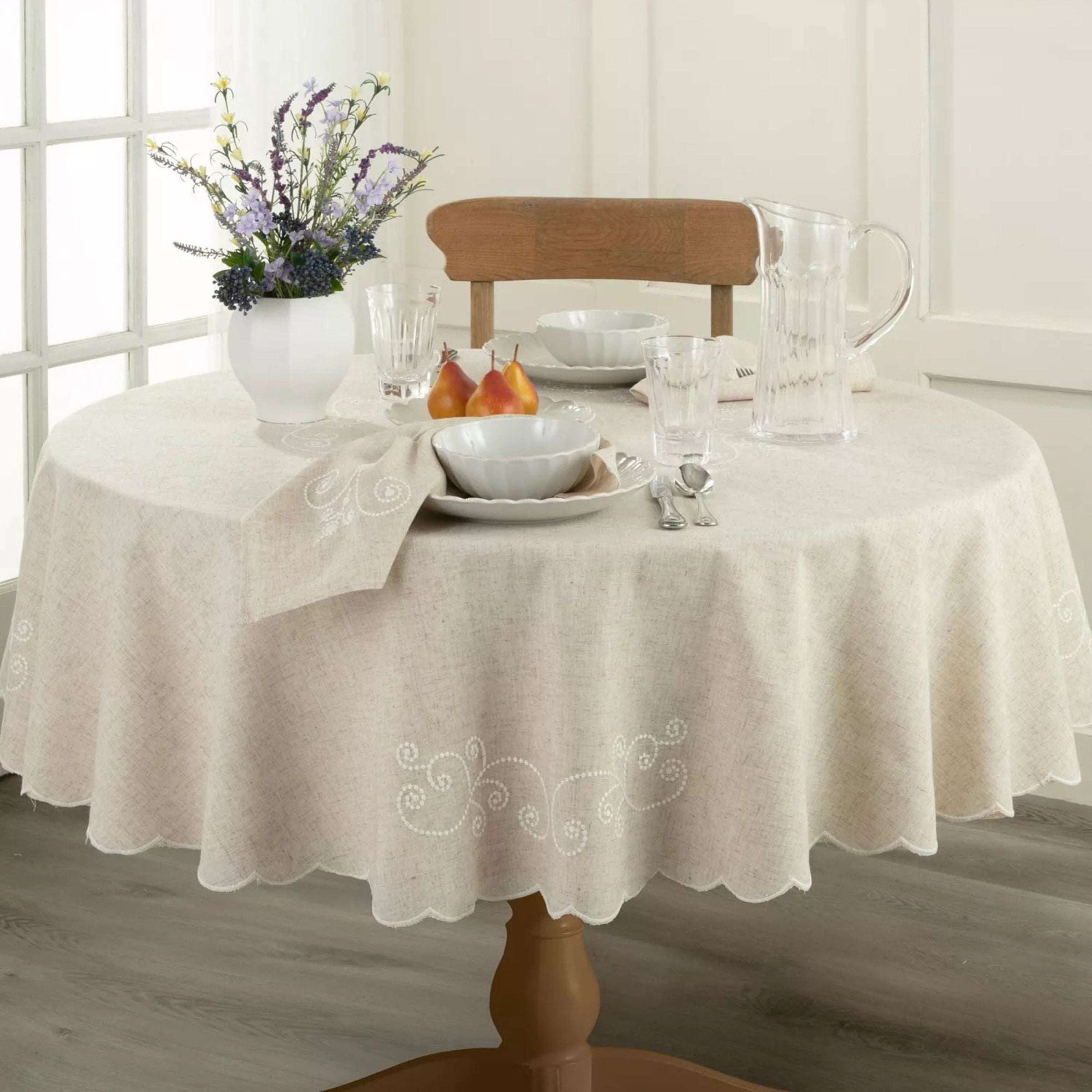 Lenox Fine Lenox Fine French Perle Linen Embroidered 70x70 Round Tablecloth