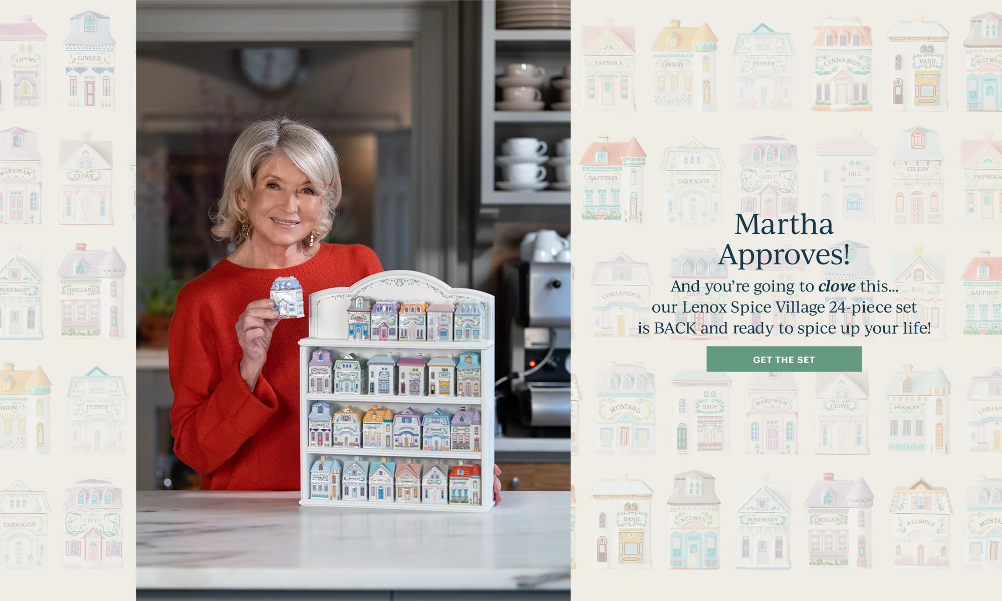 Woman holding a Lenox Spice Village set with a kitchen background