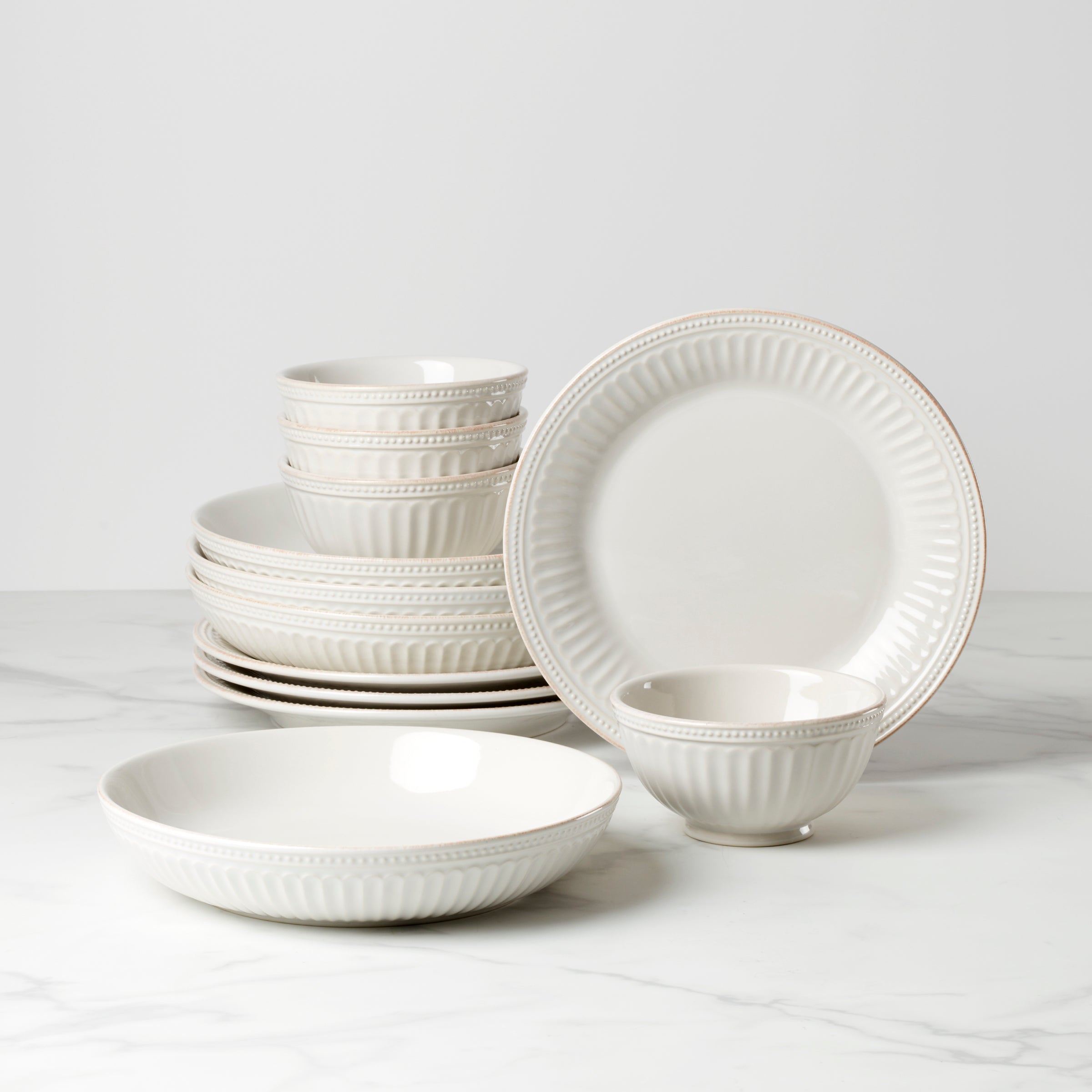 Lenox Fine Lenox Fine French Perle Groove White 12-Piece Dinnerware Set
