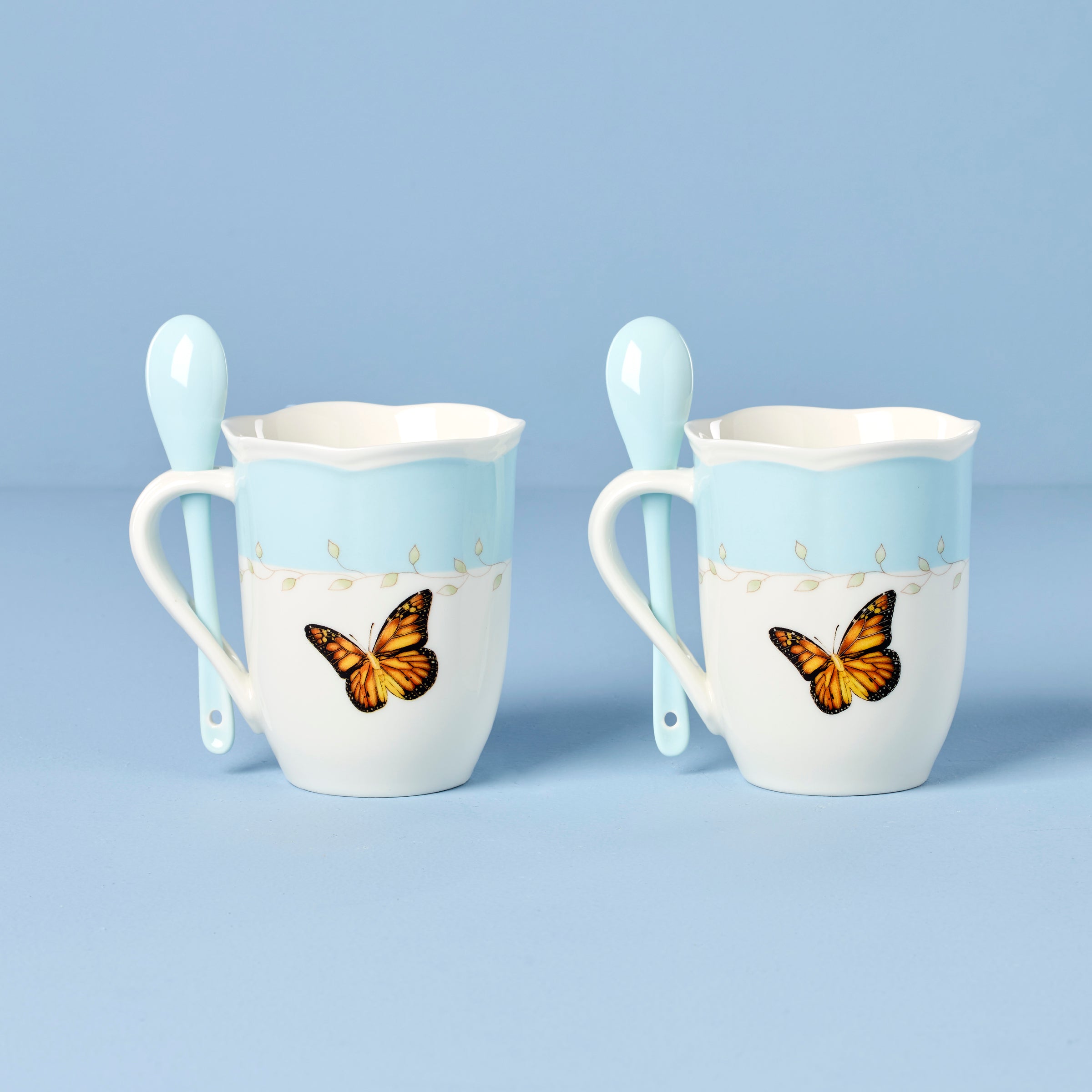 Lenox Fine Lenox Fine Butterfly Meadow Blue Mugs with Spoons, Set of 2 - Image 2