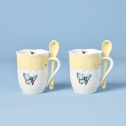 Lenox Fine Lenox Fine Butterfly Meadow Yellow Mugs with Spoons, Set of 2
