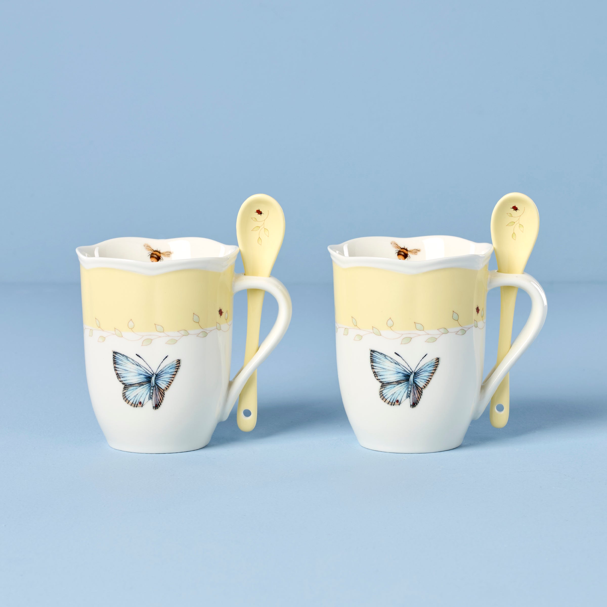 Lenox Fine Lenox Fine Butterfly Meadow Yellow Mugs with Spoons, Set of 2
