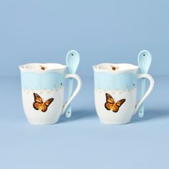 Lenox Fine Lenox Fine Butterfly Meadow Blue Mugs with Spoons, Set of 2