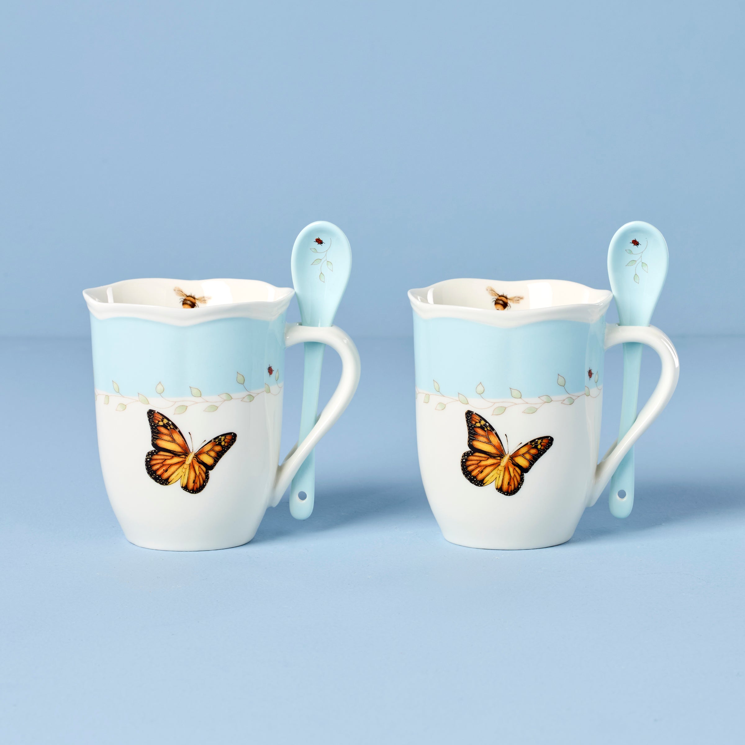 Lenox Fine Lenox Fine Butterfly Meadow Blue Mugs with Spoons, Set of 2